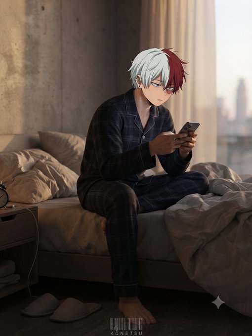 An anime-style illustration of a white and red-haired character (resembling Todoroki) in dark plaid pajamas sitting on a bed looking at a phone, signed 'KONETSU'.
