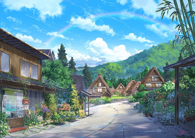 An anime-style illustration of a scenic Japanese village street with traditional thatched-roof houses, lush greenery, a rainbow in the sky, and a red postbox in the foreground.