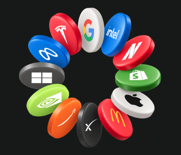 A circular arrangement of colorful 3D tokens featuring logos of major tech companies including Tesla, Google, Intel, Netflix, Meta, Windows, Apple, McDonald's, X, Amazon, and others against a black background.