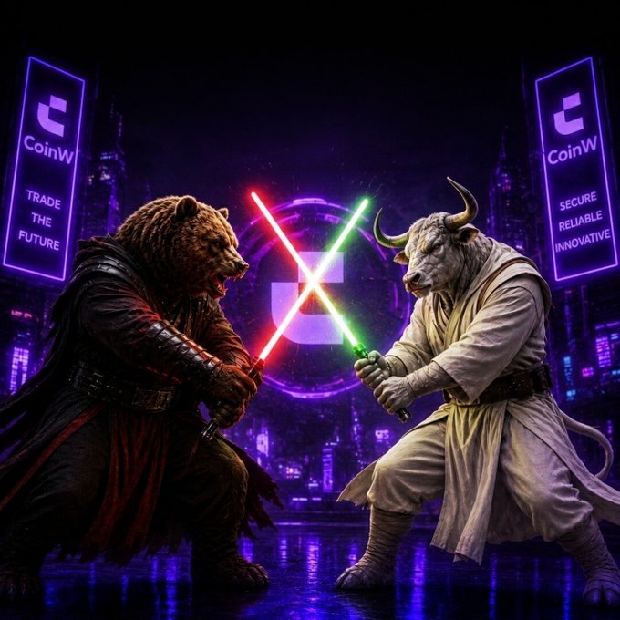 A promotional image for CoinW featuring a stylized bear and bull characters dueling with red and green lightsabers, with neon signs reading 'CoinW - TRADE THE FUTURE' and 'CoinW - SECURE RELIABLE INNOVATIVE' against a cyberpunk city backdrop.