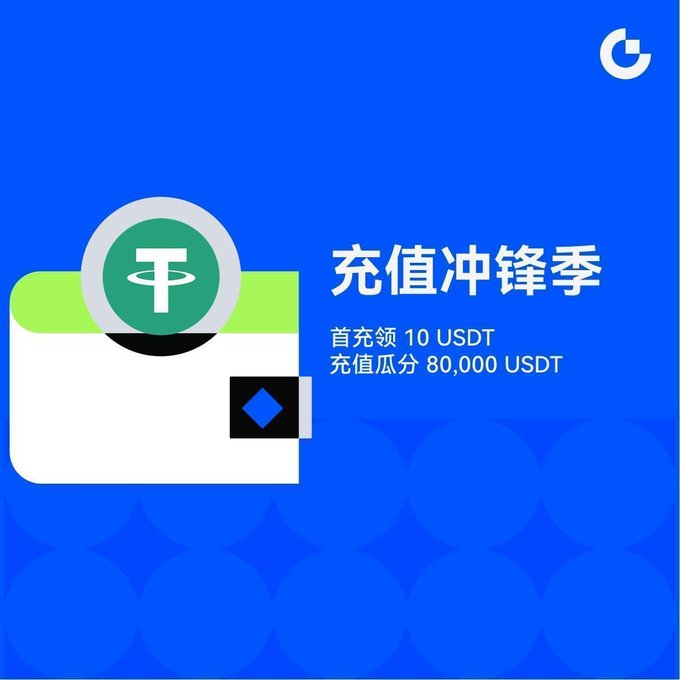 A blue promotional graphic for a deposit campaign with a wallet icon, featuring Chinese text '充值冲锋季' (Deposit Charge Season) and offering 10 USDT for the first deposit and a prize pool of 80,000 USDT.