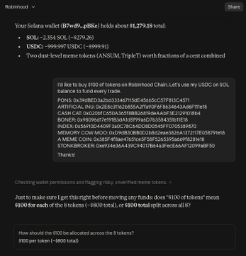 A Robinhood post discussing a Solana wallet (87w9...p8Ke) holding $1,279.18 in SOL and USDG, asking followers about buying 800 tokens for $100 each across 8 tokens (ANSUM, TripleT, etc.) with a thank you message from 'pIKe'.