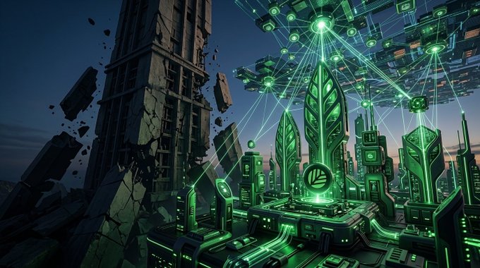 A digital artwork depicting a futuristic green-glowing cyberpunk city with crystalline skyscrapers and floating platforms, contrasted against a crumbling ancient stone tower.