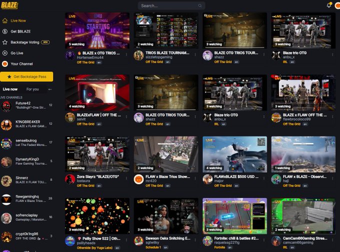 A screenshot of the BLAZE streaming platform homepage, showing various live channels including 'BLAZE x OTO TRIOS', 'BLAZEFLAW', and 'FLAW x Blaze Trios Show' alongside a sidebar menu with options like 'Live now' and 'Get Backstage Pass'.