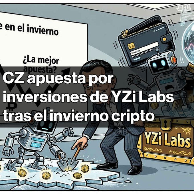 A Spanish-language cartoon shows a businessman using a pickaxe to break through ice with 'CZ apuesta por inversiones de YZi Labs tras el invierno cripto' overlaid.