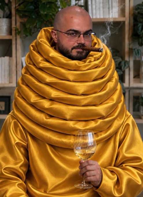 A man with glasses and a beard wearing a voluminous golden-yellow silk garment, smoking a cigar and holding a glass of white wine.