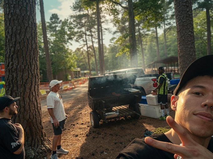 The image shows a group of people gathered around an outdoor barbecue grill, with one man taking a selfie while others watch or participate in the cooking process. The scene takes place near some trees, creating a relaxed atmosphere for socializing and enjoying food outdoors. The caption on the image reads "Raleigh was amazing. IRL is the Alpha. Food & Vibes were Spectacular! Thank you @NGBxShpend @KurtCoBangBang for setting this up!. Was awesome meeting everyone!".