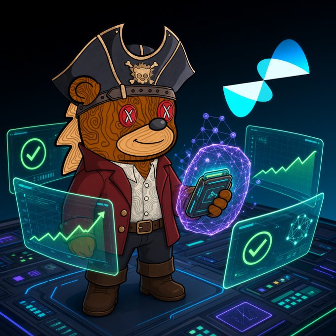 A cartoon bear pirate wearing a tricorn hat holds a glowing wallet while surrounded by holographic screens displaying upward trend graphs, checkmarks, and network nodes, visually representing the user's testnet node operation and successful workload optimization on the Quip Network.