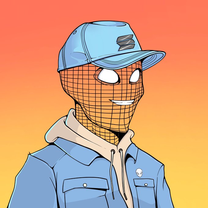 A digital illustration of a character wearing a blue cap and blue jacket over a hoodie, with a mesh-patterned face featuring large white cartoon eyes and a simple smile, set against an orange and yellow gradient background.