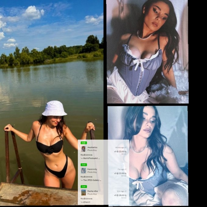A collage image showing three photos of a woman (one in a black bikini at a lake wearing a white bucket hat, and two in lingerie-style outfits) alongside what appears to be an OnlyFans or content creator pricing screenshot listing tiers such as 'Anesthetics' at $22.00, 'Femininity' at $22.00, and 'Dacha vibe' at $28.00 for KsiBubnova.