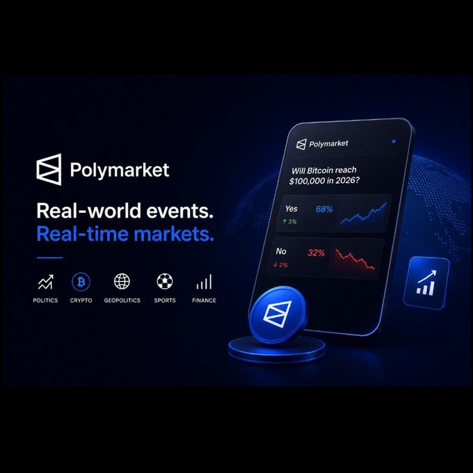A promotional graphic for Polymarket featuring the tagline 'Real-world events. Real-time markets.' with category icons for Politics, Crypto, Geopolitics, Sports, and Finance, alongside a phone mockup showing a prediction market about Bitcoin reaching $100,000 in 2026.