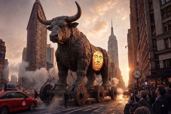 A dramatic AI-generated or fantasy scene showing a massive wooden bull statue being wheeled through a New York City street, with the Flatiron Building and Empire State Building in the background and crowds watching.