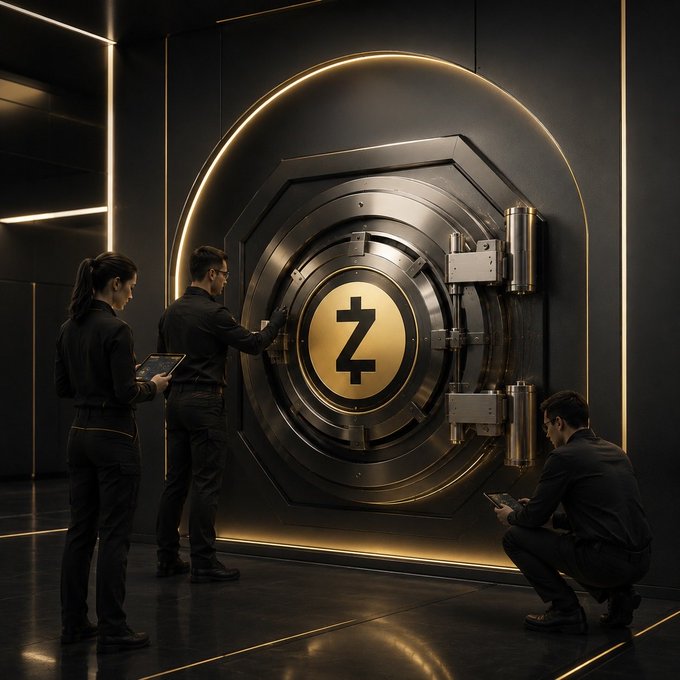 The image shows three people standing inside a large, metallic vault with a Zcash logo on its door. The engineers have worked hard to maintain the vault's security, ensuring that no unauthorized access can occur. However, some may perceive this as a negative aspect because they might think about the potential risks and challenges associated with securing such an important and complex system. This could include factors like the cost of maintaining the vault or the difficulty in preventing sophisticated attacks on the Zcash network. The post aims to highlight these aspects by focusing on the engineers' efforts, but it is essential to consider both the positive and negative implications when discussing security measures for valuable assets such as a vault.