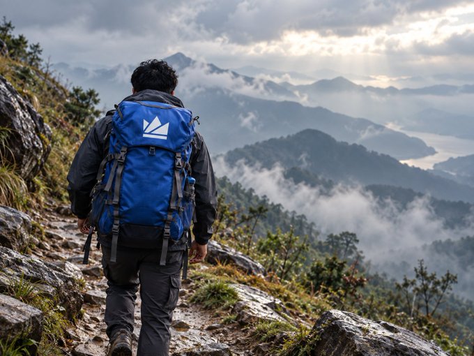 A lone hiker with a blue backpack treks along a misty ridgeline, overlooking a sea of clouds and distant mountain peaks—perfectly capturing the "fewer tabs, better views" spirit by trading screen time for sweeping horizons.