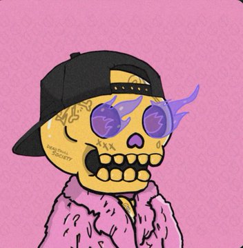 An artistic illustration of a yellow skull character wearing a backwards black cap with purple flame eyes and a pink fuzzy coat against a pink background.