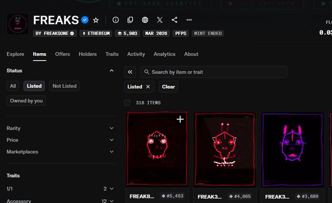 The image shows a webpage about the freaks community that is open for viewing. The website appears to be offering some sort of deal or special content related to freaks and NFTs. There are three different photographs displayed, each featuring a graphic design with various colors, including red and purple. These designs could potentially be illustrations or logos associated with certain freaks or NFT projects. A post on the page reads "Freaks! It's great to see @freaksone1 finally get a little bit of love." This message highlights one of the reasons why this community gained attention - the unique and creative visuals that attract people to engage with and share their experiences.