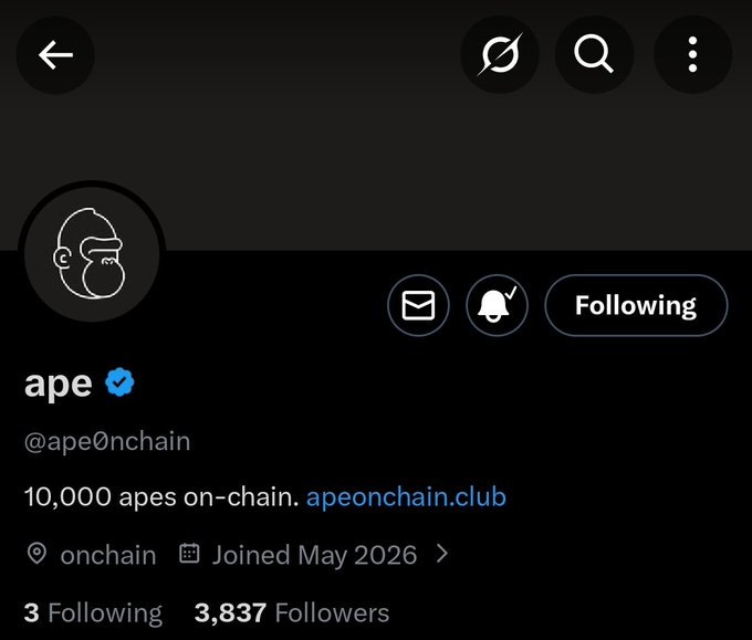 The image shows a social media post with a black background that displays information about an account called "ape0nchain" and its followers. The post includes details such as the number of followers, the date when the account joined, and the total supply available for mining. The post also mentions that the account has been active since May 2016 and is currently following 3,837 other accounts.