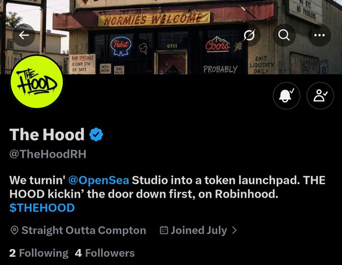 This is a screenshot of "The Hood" Twitter profile, emphasizing their upcoming launchpad with the ticker $THEHOOD and hinting at a "POW" event, likely related to their project's power or impact. The image ties into the "POW" post by showcasing the official channel from which this powerful announcement originates.