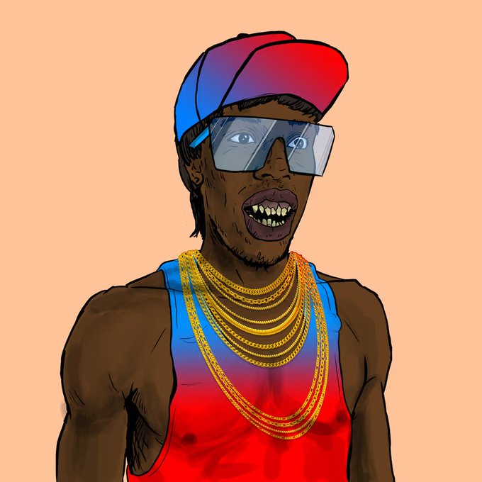 A digital illustration of a character wearing a red and blue cap, sunglasses, a red and blue tank top, and multiple gold chains, with gold teeth.