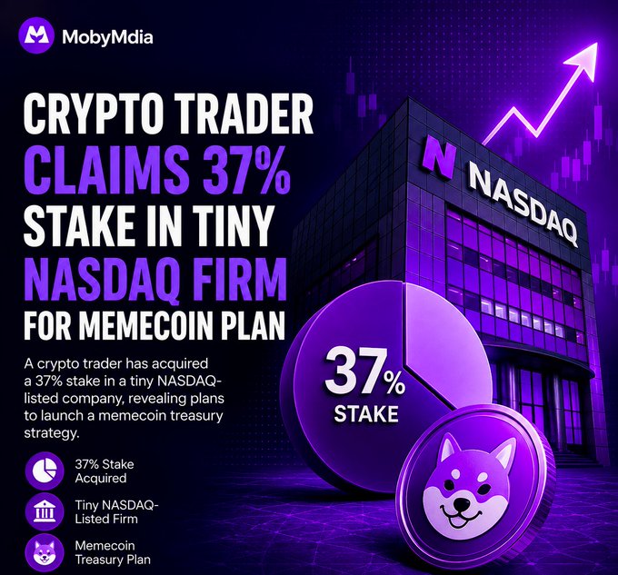 A MobyMedia news graphic titled "CRYPTO TRADER CLAIMS 37% STAKE IN TINY NASDAQ FIRM FOR MEMECOIN PLAN" featuring a purple NASDAQ building, a pie chart showing 37% stake, and a Shiba Inu doge-style coin.