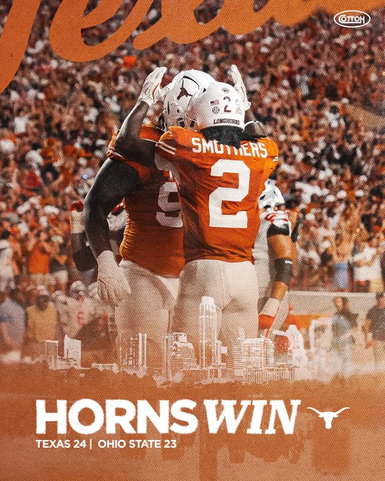 A sports graphic celebrating 'HORNS WIN' with the final score Texas 24, Ohio State 23, showing players in burnt orange jerseys with 'SMOTHERS 2' visible.
