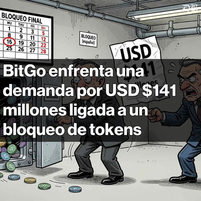 A cartoon illustration of two men arguing with Spanish text overlay reading 'BitGo enfrenta una demanda por USD $141 millones ligada a un bloqueo de tokens', alongside a calendar and USD reference.
