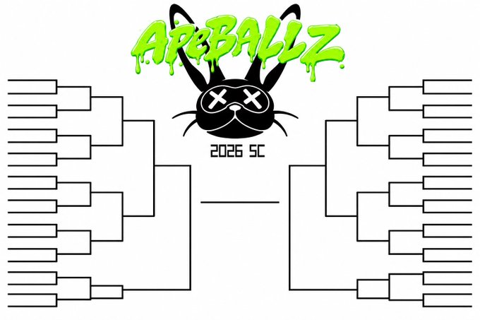 A black and white tournament bracket for 'APEBALLZ 2026 SC', featuring a logo of a cartoon ape head with X's for eyes and dripping green text.