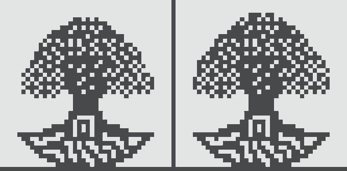 Two side-by-side pixel-art style illustrations of dark trees with visible root systems, shown in dark blue against a white background.