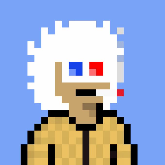 A pixel art portrait of a character with wild white hair, heterochromatic eyes (one blue, one red), and a tan outfit set against a blue background.