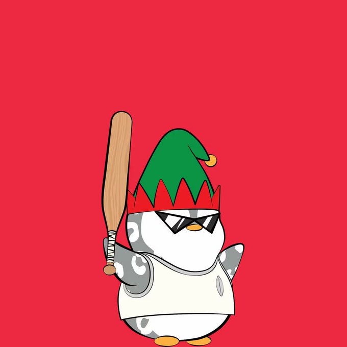 A cartoon penguin dressed as a Christmas elf wearing sunglasses and a green and red hat holds a wooden baseball bat against a solid red background.