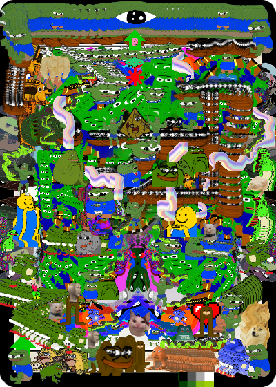 A chaotic and surreal digital image containing various internet meme elements, distorted faces, cartoon characters, and abstract patterns in bright colors.