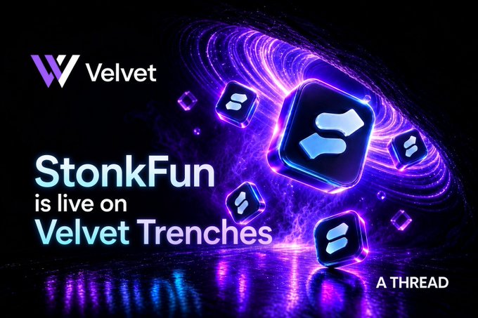 A promotional graphic announcing 'StonkFun is live on Velvet Trenches' featuring a purple swirling vortex design and floating cube logos, with 'Velvet' branding and 'A THREAD' label.