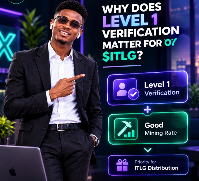 A promotional graphic asking 'WHY DOES LEVEL 1 VERIFICATION MATTER FOR $ITLG?' showing benefits including Good Mining Rate and Priority for ITLG Distribution, featuring a man in a suit and sunglasses.