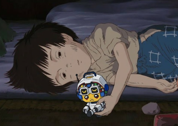 A young boy with messy hair lies on a couch, holding a small white robot with blue and yellow accents and a sad expression, in what appears to be a scene from the anime "Pluto." The poignant image of the child comforting the distressed robot parallels the post's message about returning to the NFT space after two days and finding that transaction fees and gas costs are embraced as features rather than bugs, likening the community's harsh but necessary pruning of "crime and poors" to the protective bond between the boy and his struggling companion.