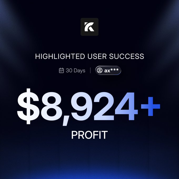 A dark promotional graphic displaying "HIGHLIGHTED USER SUCCESS" with metrics of "30 Days" and a partial username "ax***", showing a profit of "$8,924+".