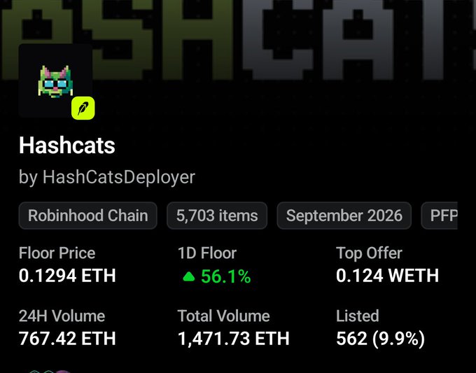Screenshot of the Hashcats NFT collection page on Robinhood Chain, showing a floor price of 0.1294 ETH, 1D floor up 56.1%, and 24H volume of 767.42 ETH across 5,703 items—statistics that support the poster's claim of earning a 48% ROI on their recent NFT purchase.