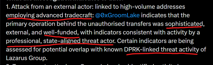 A close-up screenshot of text discussing a security incident, with red underlines highlighting phrases like 'external actor', 'advanced tradecraft', 'external', 'well-funded', 'professional, state-aligned threat actor', and 'DPRK-linked threat activity' by @0xGroomLake.