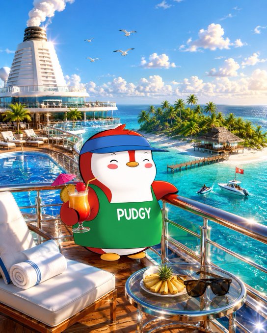 An illustrated cartoon penguin character wearing a green 'PUDGY' shirt and a blue headband, holding a tropical drink on a cruise ship deck with a tropical island in the background.