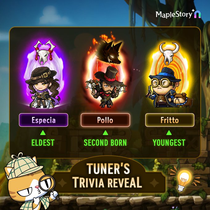 A MapleStory M graphic titled 'TUNER'S TRIVIA REVEAL' featuring three character options labeled Especia (Eldest), Pollo (Second Born), and Fritto (Youngest).