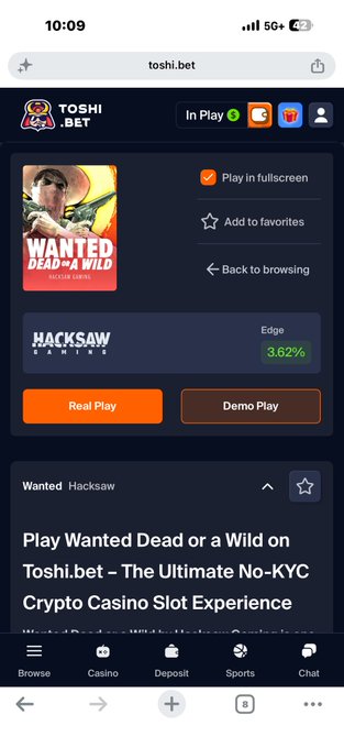 The image shows a mobile browser screenshot of toshi.bet featuring the "Wanted Dead or a Wild" slot game by Hacksaw Gaming (Edge, 3.62% RTP) with Real Play and Demo Play buttons. This aligns with the post's message about being ready to gamble, as it displays the betting platform where the user plans to spin the slot.