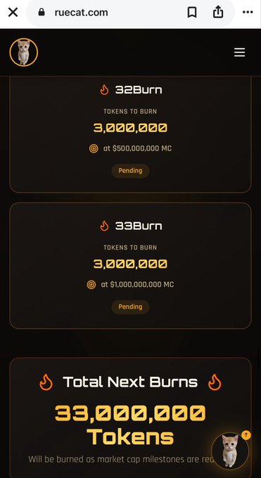 A mobile website screenshot from ruecat.com displaying token burn information: 32Burn and 33Burn events with 3,000,000 tokens each to be burned at market cap milestones, totaling 33,000,000 tokens.