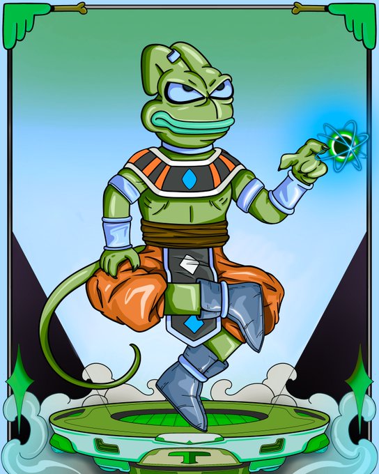 A digital illustration of a green, reptilian character holding a glowing atom symbol, wearing orange pants and armor, standing on a green platform.