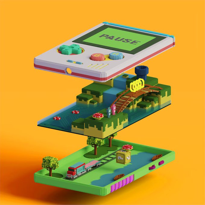 A 3D rendered, exploded-view illustration of a stylized handheld gaming console floating above matching level-themed environments, displaying the word "PAUSE" on its green screen—aligning with the rarity #16 mint from @CodexConsoles.