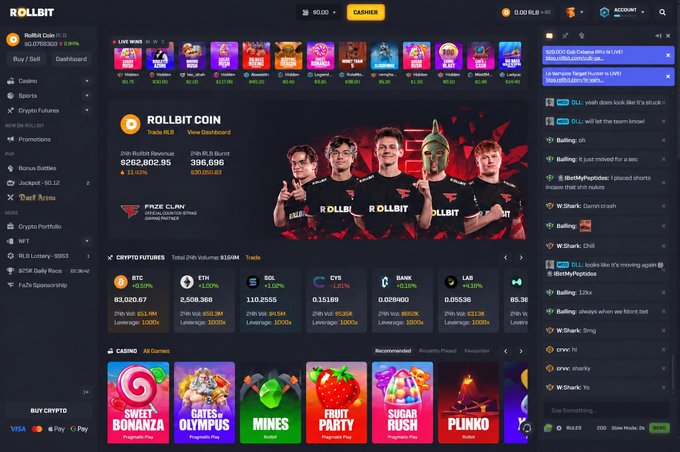 The Rollbit cryptocurrency gambling website dashboard displays live wins, crypto futures (BTC, ETH, SOL, CYS, BANK, LAB), casino games, and a live chat sidebar.