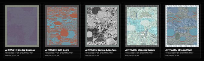 A lineup of five colorful abstract texture artwork presets labeled "Ai TRASH / Divided Expanse," "Split Board," "Sampled Aperture," "Bleached Wreck," and "Stripped Wall."
