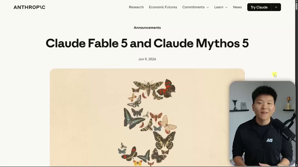 The image features an anthropomorphic website for a mythological character named Claude Fable 5, who is known as Claude Myths 5. The website displays a photo of the character along with a description of him. A man is shown behind the website screen, likely the creator or user of the site. The post also mentions that this character was released on May 3rd, 2014 and runs for days without you.