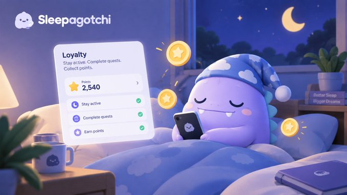 An illustration for 'Sleepagotchi' shows a cute purple monster wearing a sleep mask and nightcap, holding a smartphone in bed, with a 'Loyalty' panel showing '2,540' points and coins floating nearby.