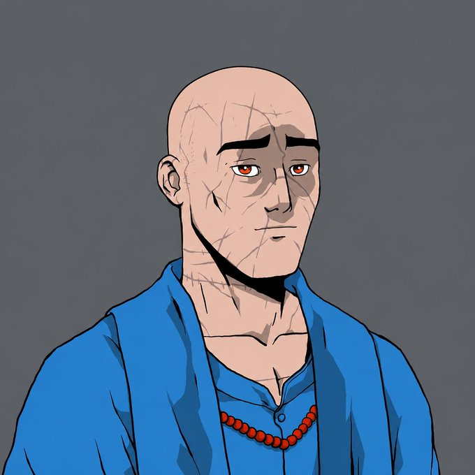 An animated, bald-headed man with scars on his face and red eyes wears a blue shirt and red prayer beads. The post's reference to staying "bald" connects to the character's bald appearance, suggesting he will remain that way until Injective (INJ) reaches $7.