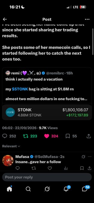 A mobile screenshot of a social media post about a woman sharing memecoin trading results, featuring a quoted tweet about $STONK reaching $1.8M.