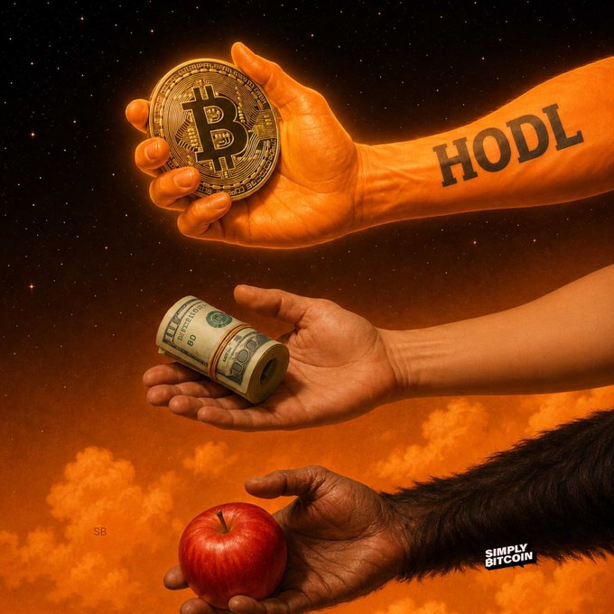 An artistic illustration titled 'SIMPLY BITCOIN' depicting three hands: a glowing hand with 'HODL' tattoo holding a Bitcoin, a human hand holding rolled cash, and a chimpanzee-like hand holding an apple against an orange cosmic background.